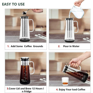 Airtight Cold Brew Iced Coffee Maker and Tea Infuser- 1.0L / 34Oz Glass Carafe with Removable Stainless Steel Filter