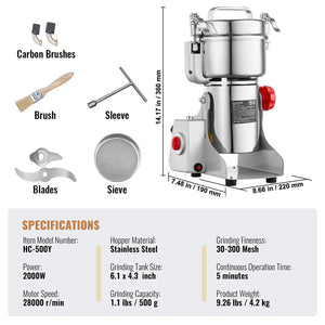 150-2500G Electric Grain Mill Grinder Commercial Swing Spice Grinders for Dry Herbs Grains Spices Cereals Coffee Corn