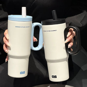 720ML Stainless Steel Thermos Cup with Straw & Handle Ice Coffee Drink Vacuum Insulated Cup Car Travel Outdoor Water Bottle