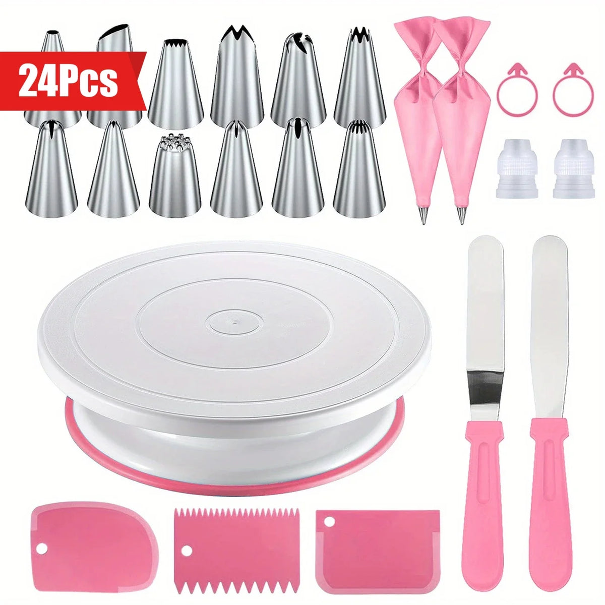 24-Piece Cake Decorating Set- Non-Slip Turntable with 12 Piping Tips,Scrapers&Tools for Professional Baking Tools Piping Nozzles