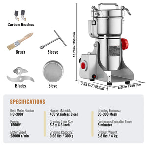 150-2500G Electric Grain Mill Grinder Commercial Swing Spice Grinders for Dry Herbs Grains Spices Cereals Coffee Corn