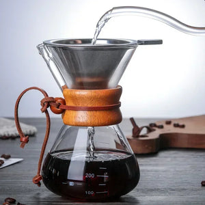 Hand Glass Coffee Kettle with Stainless Steel Filter Drip Brewing Hot Brewer Coffee Pot Dripper Barista Pour over Coffee Maker