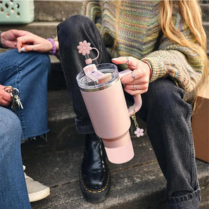 9Pcs Accessories Set 3 Spill Proof Stopper Flowers Straw Cover Boot 2 Straw and Brush and 1 Flower Charm Chain for Stanley Cup
