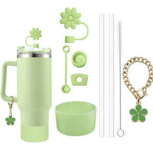 9Pcs Accessories Set 3 Spill Proof Stopper Flowers Straw Cover Boot 2 Straw and Brush and 1 Flower Charm Chain for Stanley Cup
