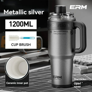 1200ML Extra Large Ceramic Tumbler Drinkware Stainless Steel Water Bottle Insulated Vacuum Flask Straw & Handle Leakproof