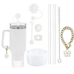 9Pcs Accessories Set 3 Spill Proof Stopper Flowers Straw Cover Boot 2 Straw and Brush and 1 Flower Charm Chain for Stanley Cup