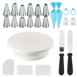 24-Piece Cake Decorating Set- Non-Slip Turntable with 12 Piping Tips,Scrapers&Tools for Professional Baking Tools Piping Nozzles