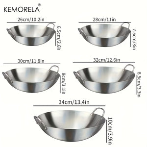 1PCS Stainless Steel Wok Uncoated 26/28/30/32/34Cm High Quality Double Handle Chef Pan Suitable for Home Stir-Fried Beef Cooking