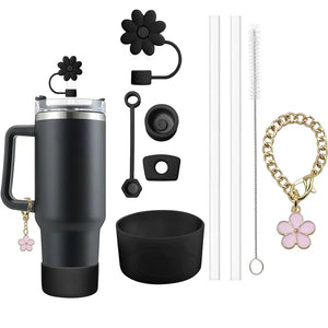 9Pcs Accessories Set 3 Spill Proof Stopper Flowers Straw Cover Boot 2 Straw and Brush and 1 Flower Charm Chain for Stanley Cup