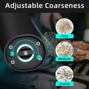 Electric Automatic Mill Pepper and Salt Grinder with Base Set Battery Powered with LED Light Adjustable Coarseness Kitchen Tool