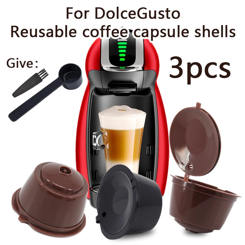 3Pcs Fit for Dolce Gusto Coffee Filter Cup Reusable Coffee Capsule Filters with Spoon Brush