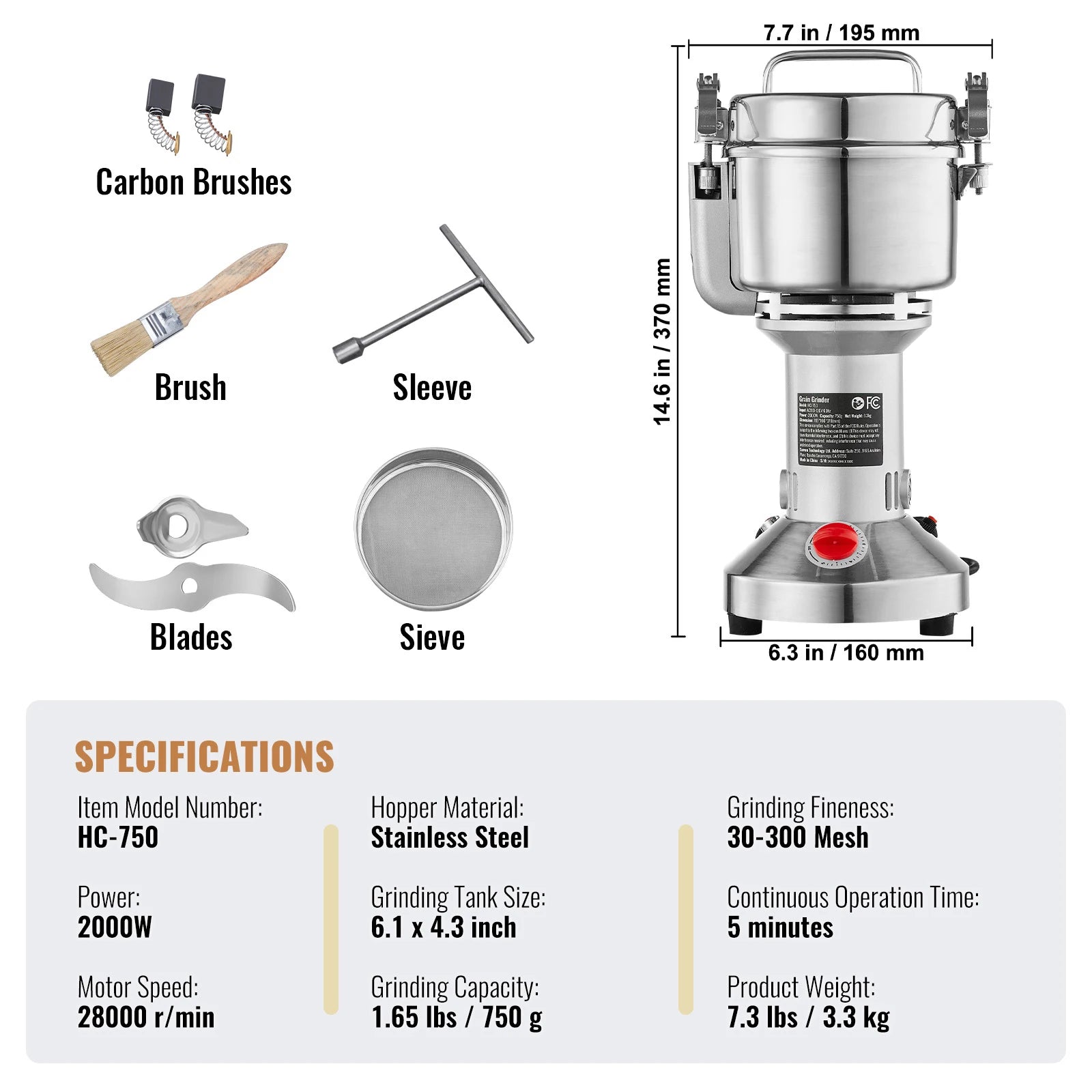 150-2500G Electric Grain Mill Grinder Commercial Swing Spice Grinders for Dry Herbs Grains Spices Cereals Coffee Corn