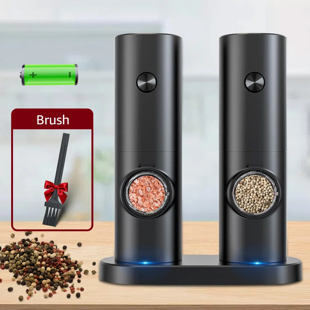 Electric Automatic Mill Pepper and Salt Grinder with Base Set Battery Powered with LED Light Adjustable Coarseness Kitchen Tool