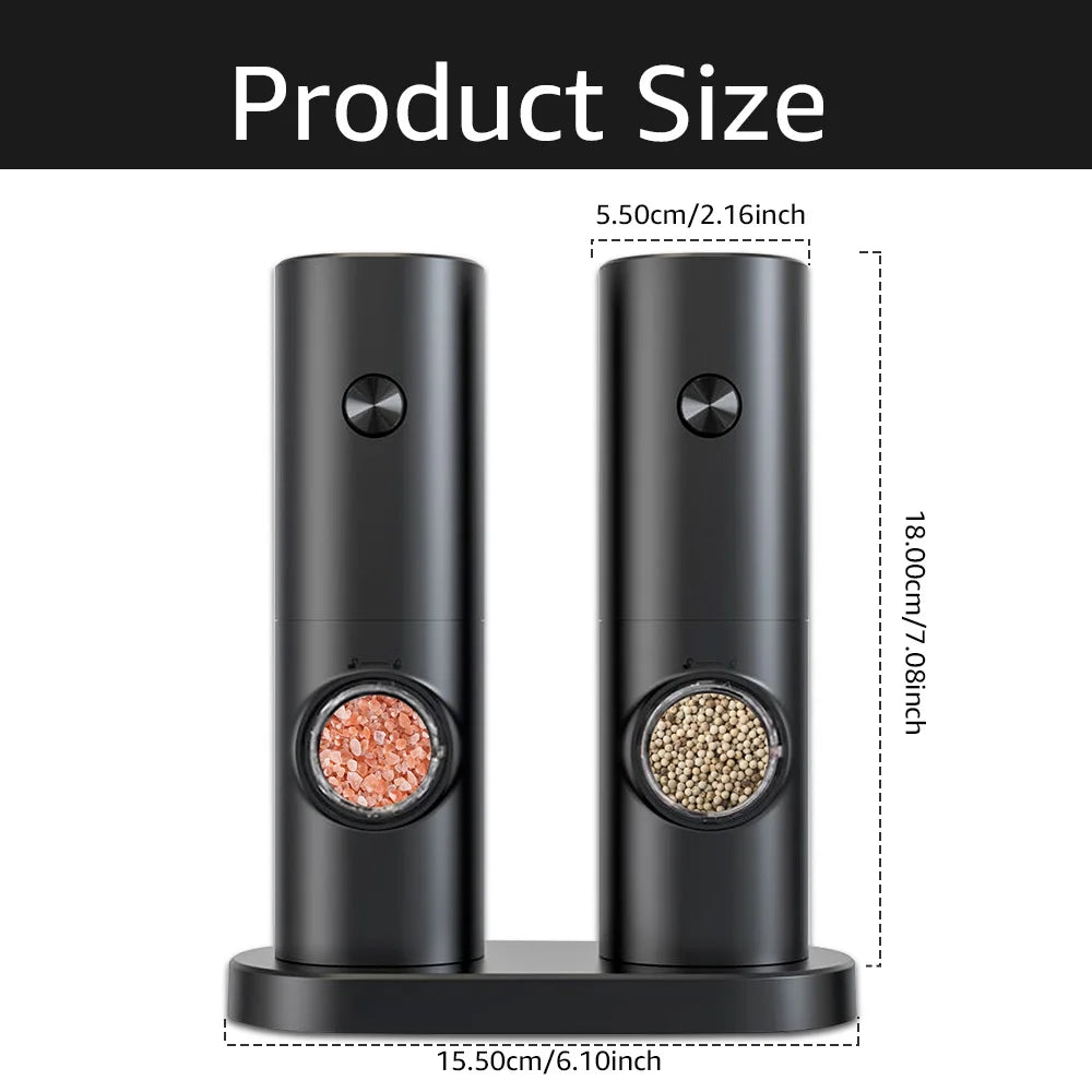 Electric Automatic Mill Pepper and Salt Grinder with Base Set Battery Powered with LED Light Adjustable Coarseness Kitchen Tool