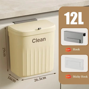 12L Kitchen Trash Can Wall Mounted Hanging Trash Bin with Lid Garbage Can for Cabinet under Sink Waste Garbage Compost Bin Trash