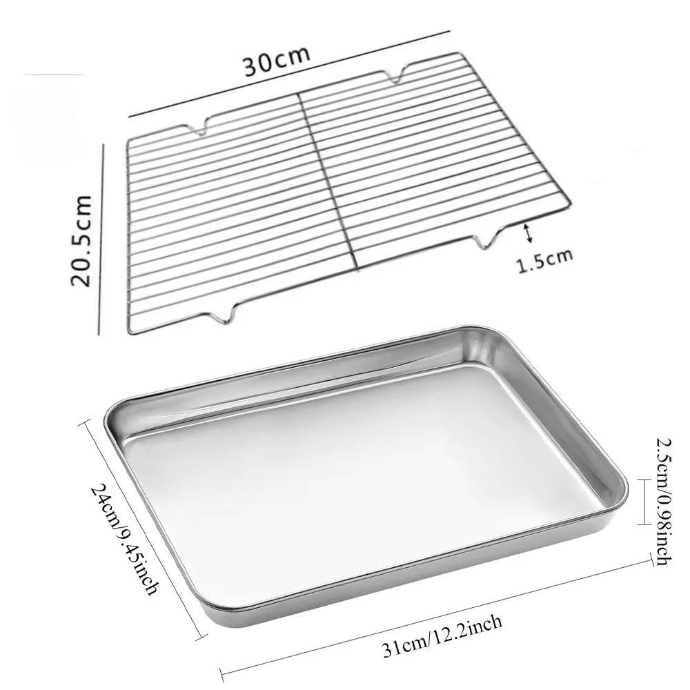 304 Stainless Steel Baking Tray Set with Grill Metal Rectangular Cooling Rack Grilling Tools BBQ for Kitchen Outdoor Camping