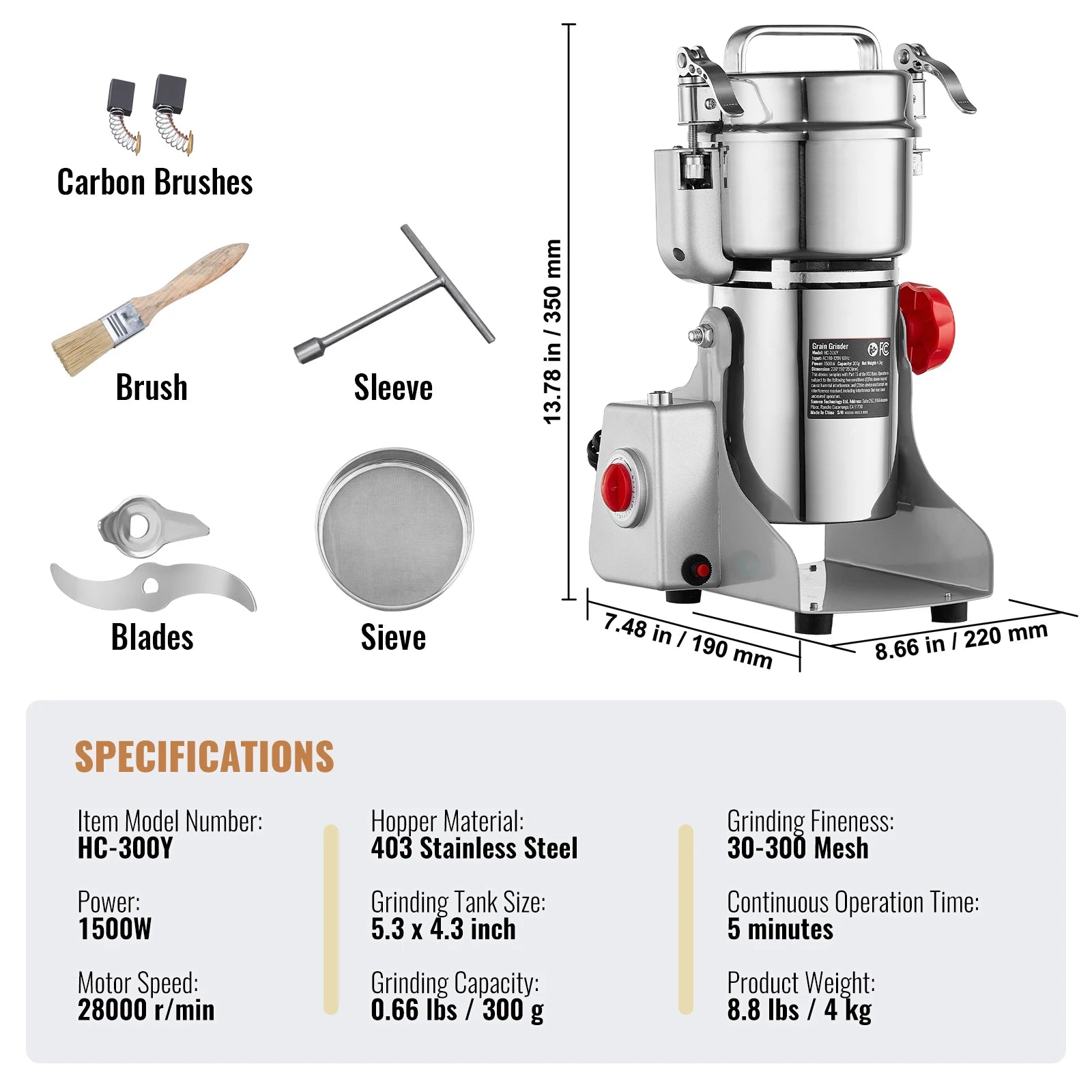150-2500G Electric Grain Mill Grinder Commercial Swing Spice Grinders for Dry Herbs Grains Spices Cereals Coffee Corn