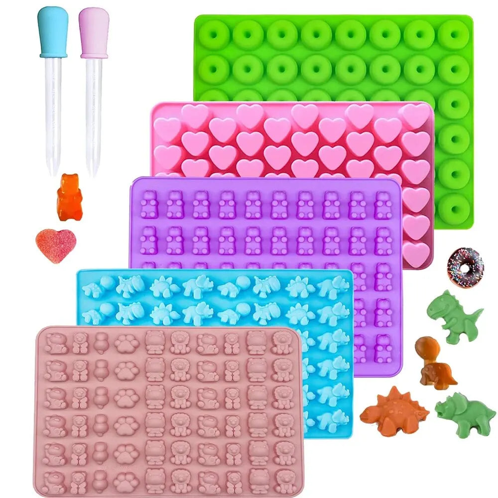 Gummy Bear Molds Silicone Mini Chocolate Candy Mold for Kid with 2 Droppers Including Dinosaur Bear Hearts Donut Shape