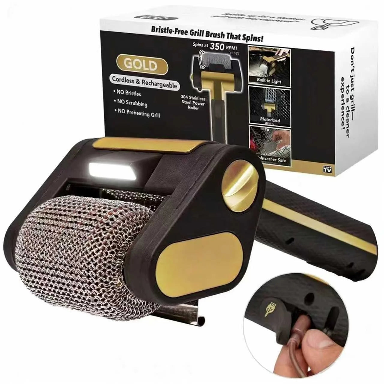 2026 Hot Electric Grill Brush Rechargeable with Led Light 304 Stainless Steel Replaceable Heads Bbq Grill Cleaner for Barbecue