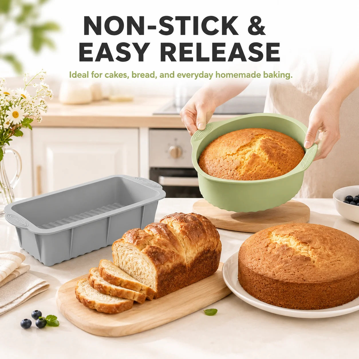 2 Pack Silicone Cake Pan and Loaf Pan Set Non Stick Baking Molds for Oven Air Fryer Accessories Food Grade Bread Bakeware
