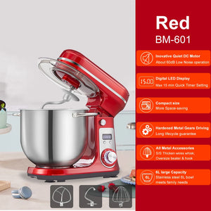 Kitchen Food Stand Mixer, Blender, Quiet Motor, Cream Egg Whisk, Whip Dough Kneader, 6-Speed, 1200 W, 6 L, DC