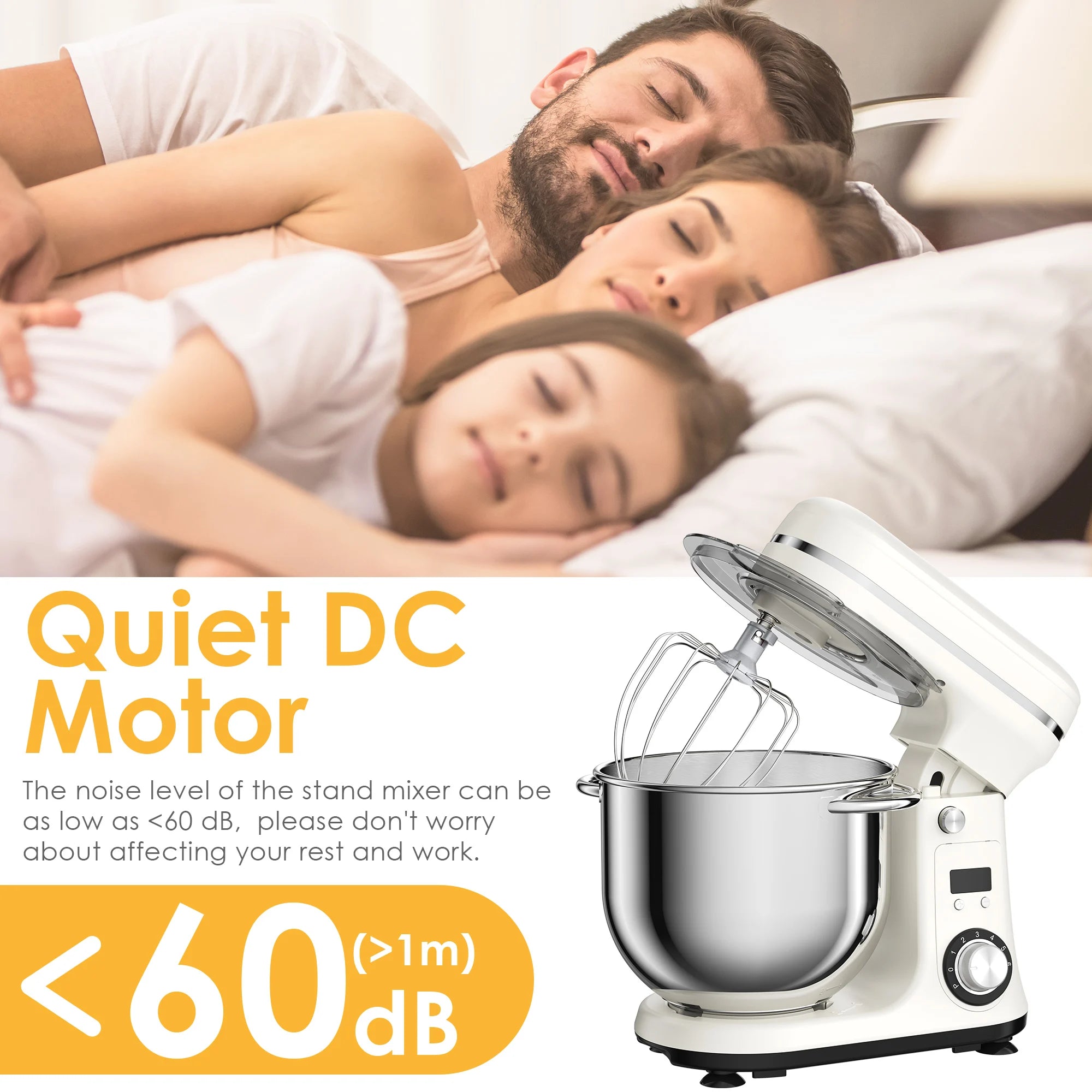 Kitchen Food Stand Mixer, Blender, Quiet Motor, Cream Egg Whisk, Whip Dough Kneader, 6-Speed, 1200 W, 6 L, DC