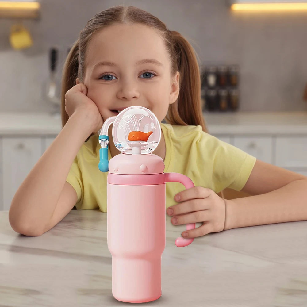 710ML Stainless Steel Whale Fountain Tumbler with Handle Leak Proof Whale Squirt Drinking Cup Water Bottle with Straw Creative G