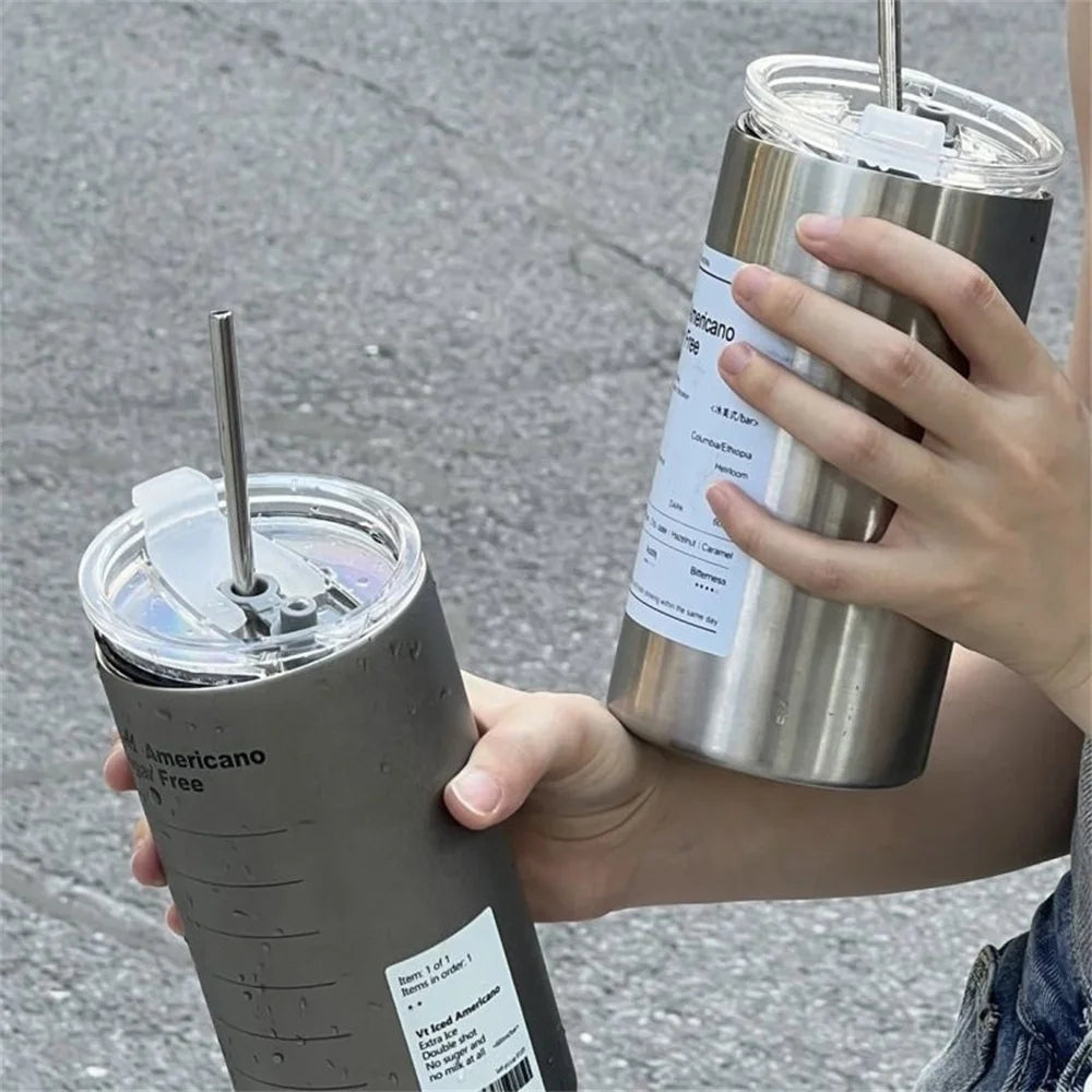 600Ml Thermos Portable Stainless Steel Coffee Cup Thermos Bottle with Straw Insulation Drinkware Does Not Contain BPA