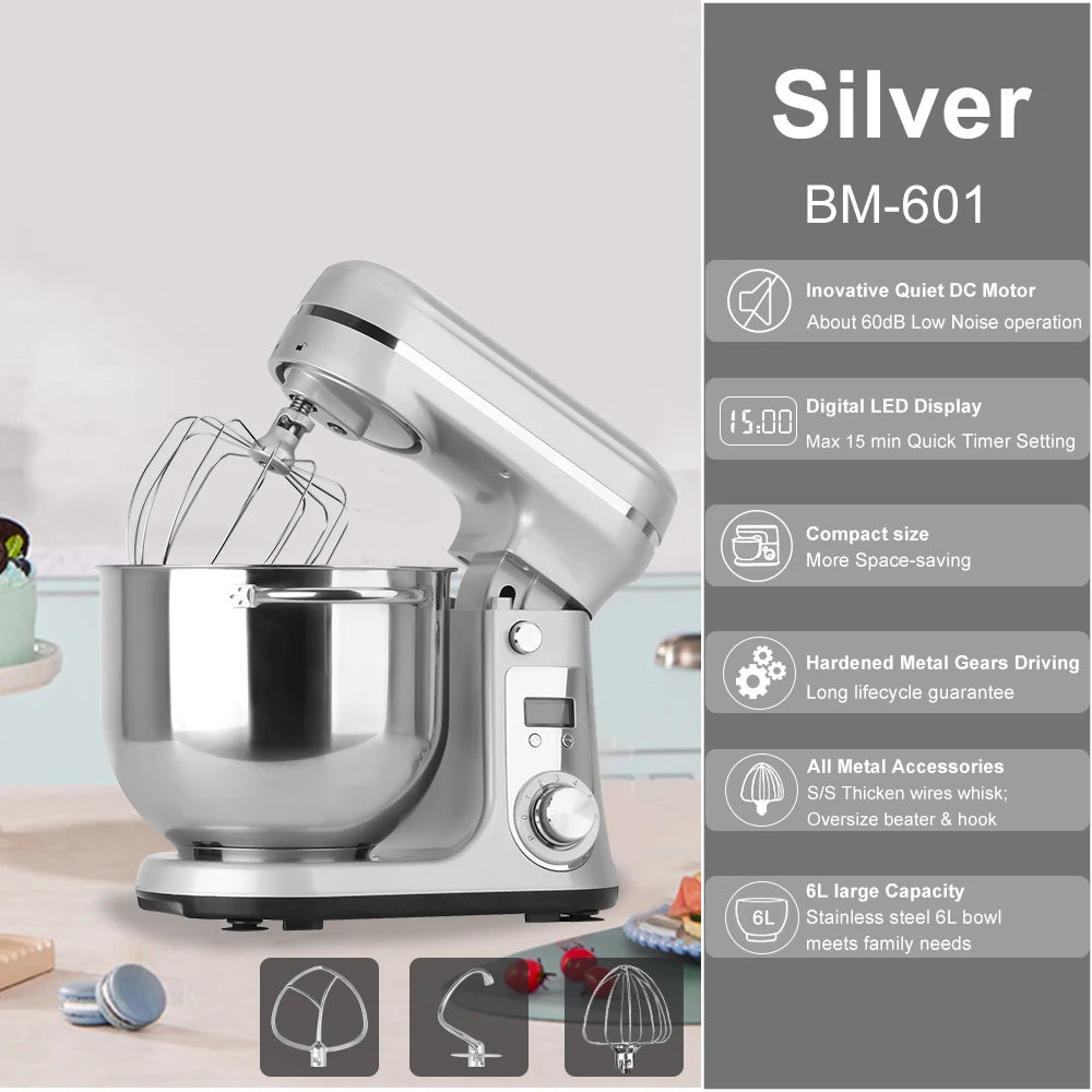 Kitchen Food Stand Mixer, Blender, Quiet Motor, Cream Egg Whisk, Whip Dough Kneader, 6-Speed, 1200 W, 6 L, DC
