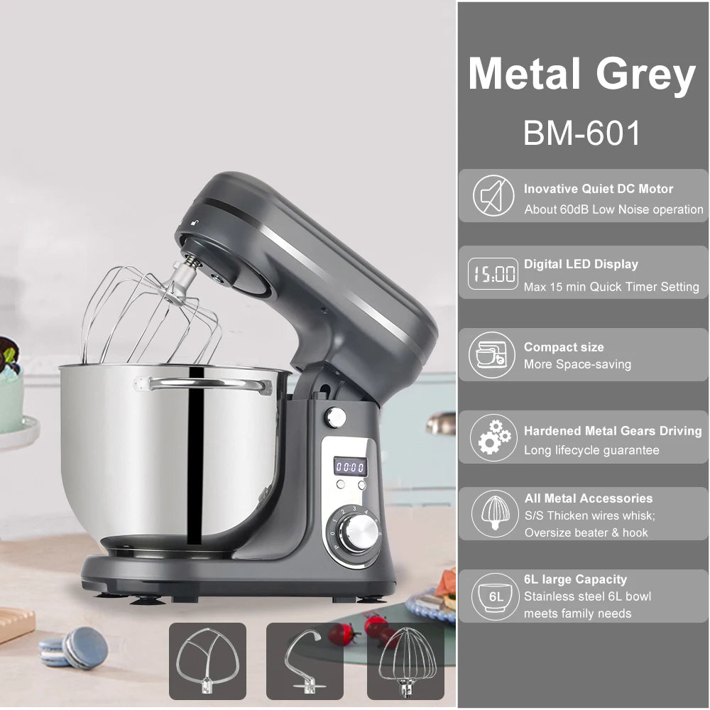 Kitchen Food Stand Mixer, Blender, Quiet Motor, Cream Egg Whisk, Whip Dough Kneader, 6-Speed, 1200 W, 6 L, DC