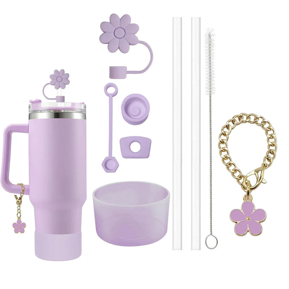 9Pcs Accessories Set 3 Spill Proof Stopper Flowers Straw Cover Boot 2 Straw and Brush and 1 Flower Charm Chain for Stanley Cup