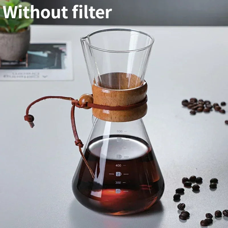 Hand Glass Coffee Kettle with Stainless Steel Filter Drip Brewing Hot Brewer Coffee Pot Dripper Barista Pour over Coffee Maker