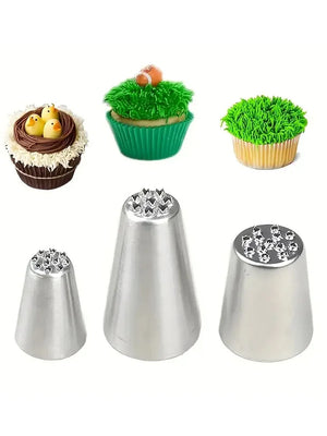 3Pcs Stainless Steel Cake Decorating Set Seamless Icing Tips&Grass Piping Nozzles Ideal for DIY Cake Decorating Baking Supplies