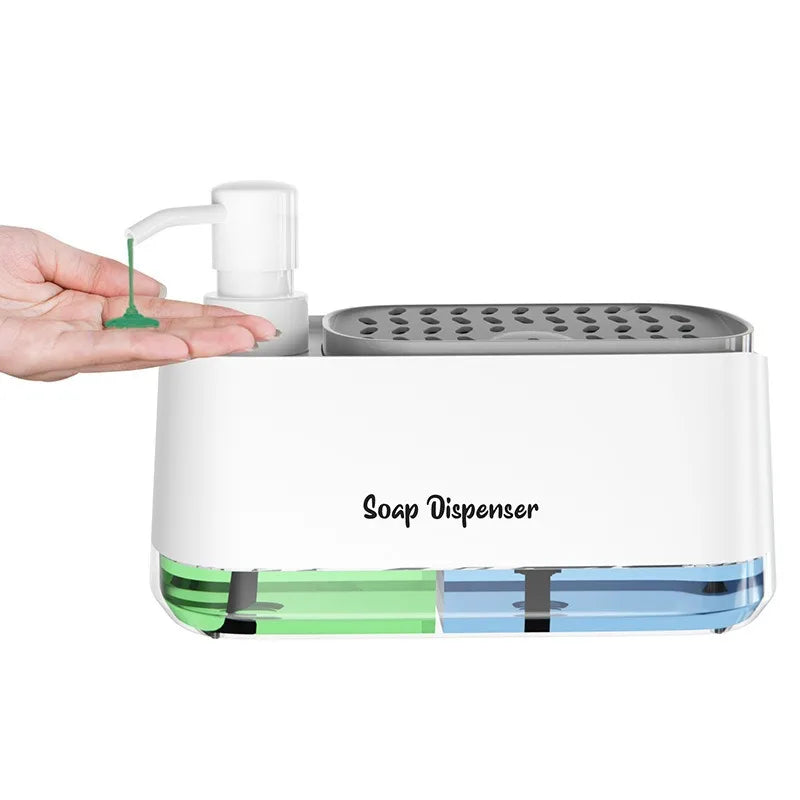 3 in 1 Kitchen Soap Dispenser Set with Dual Pump and Sponge Caddy Efficient Cleaning Organizer for Sink Area Countertop Storage