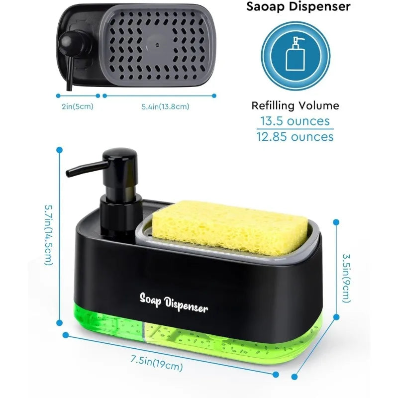 3 in 1 Kitchen Soap Dispenser Set with Dual Pump and Sponge Caddy Efficient Cleaning Organizer for Sink Area Countertop Storage