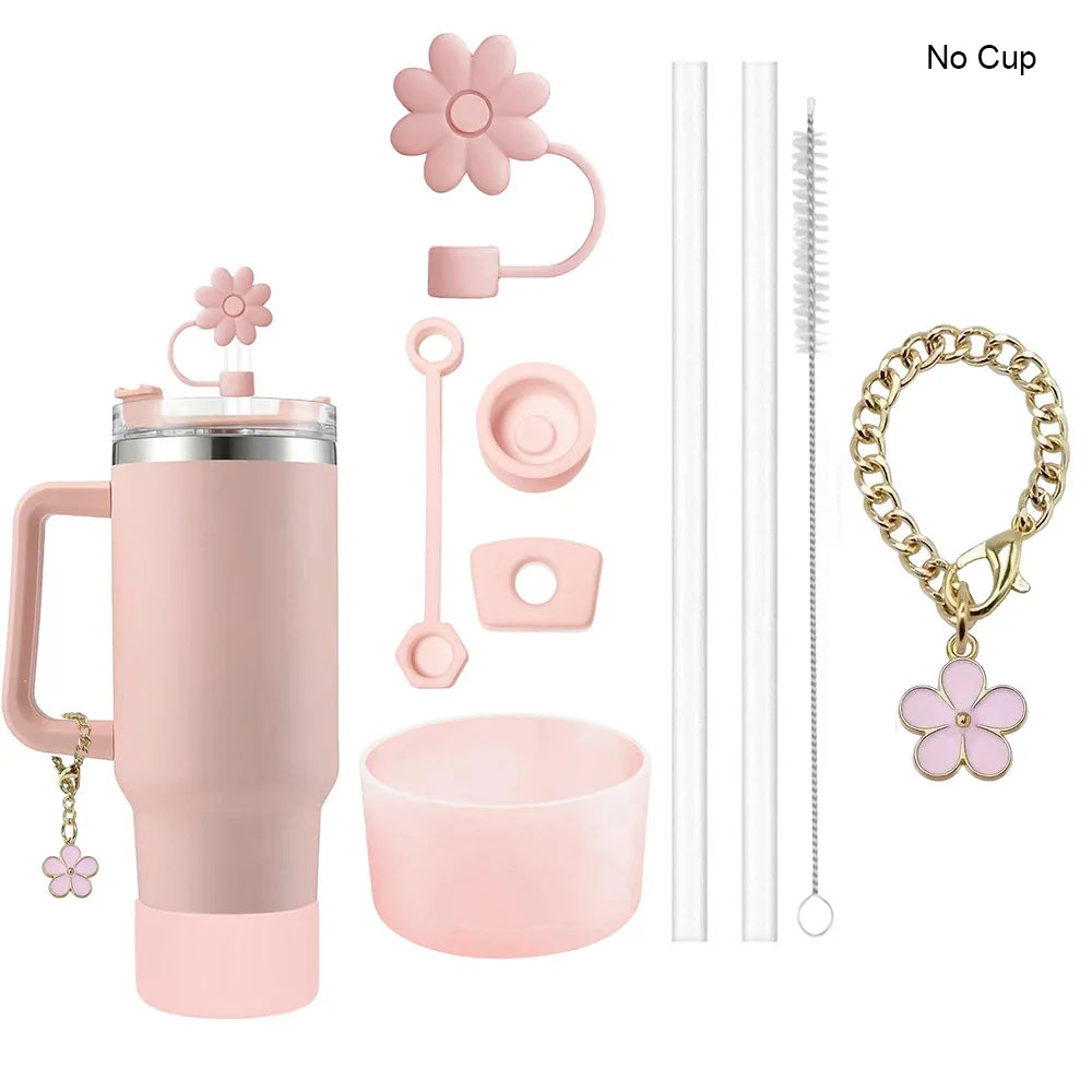 9Pcs Accessories Set 3 Spill Proof Stopper Flowers Straw Cover Boot 2 Straw and Brush and 1 Flower Charm Chain for Stanley Cup
