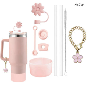 9Pcs Accessories Set 3 Spill Proof Stopper Flowers Straw Cover Boot 2 Straw and Brush and 1 Flower Charm Chain for Stanley Cup