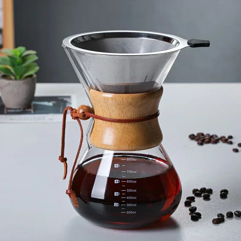 Hand Glass Coffee Kettle with Stainless Steel Filter Drip Brewing Hot Brewer Coffee Pot Dripper Barista Pour over Coffee Maker