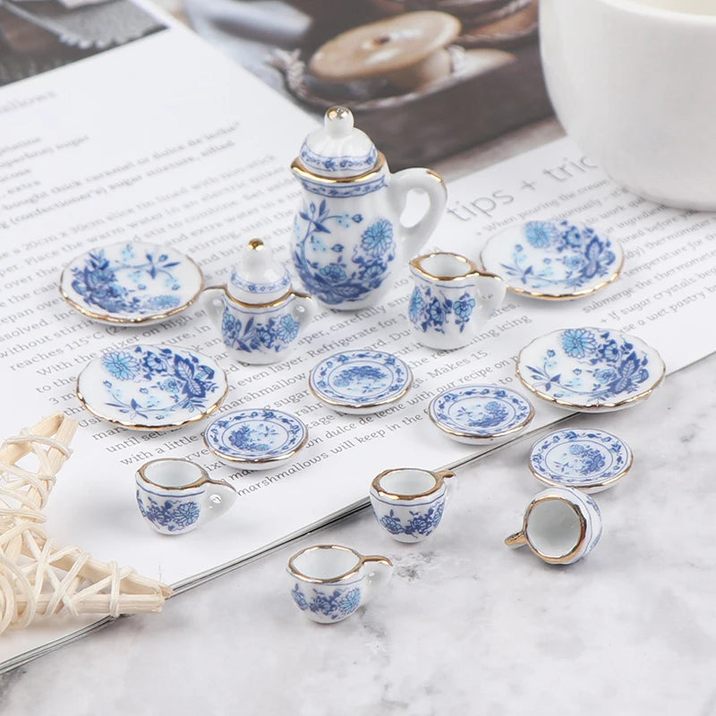 15Pcs 1:12 Dollhouse Miniature Tableware Porcelain Ceramic Tea Cup Set Model Kitchen Accessories for Doll House Decor Toys Gift