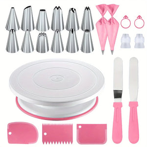 24-Piece Cake Decorating Set- Non-Slip Turntable with 12 Piping Tips,Scrapers&Tools for Professional Baking Tools Piping Nozzles