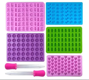 Gummy Bear Molds Silicone Mini Chocolate Candy Mold for Kid with 2 Droppers Including Dinosaur Bear Hearts Donut Shape