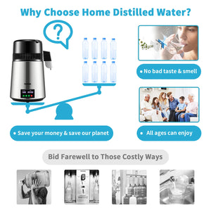 4L Water Distiller Purifier Filter 1 L/H Distilling Speed Dispenser Drinking Bottle Softener Touch Screen Home Use