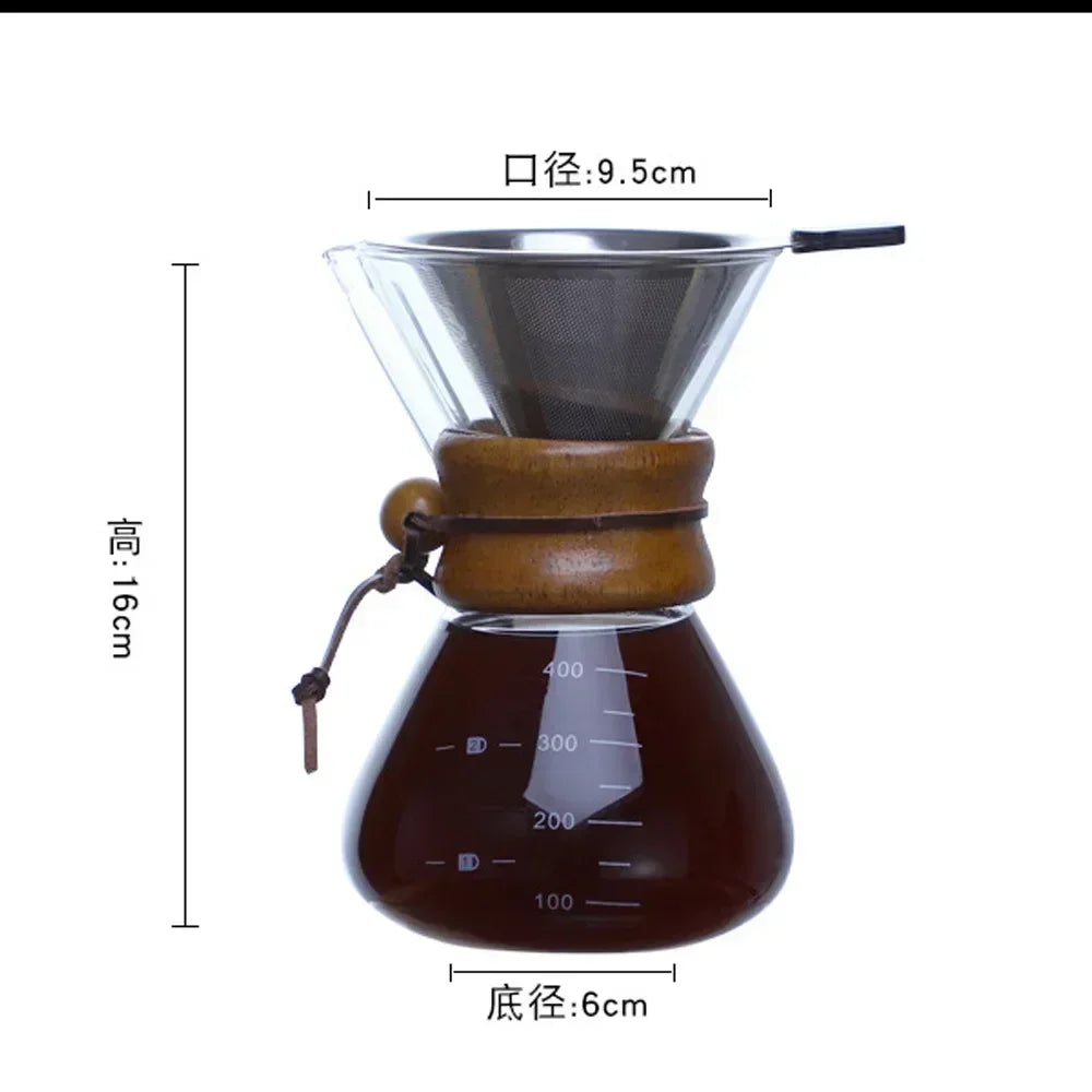 Hand Glass Coffee Kettle with Stainless Steel Filter Drip Brewing Hot Brewer Coffee Pot Dripper Barista Pour over Coffee Maker