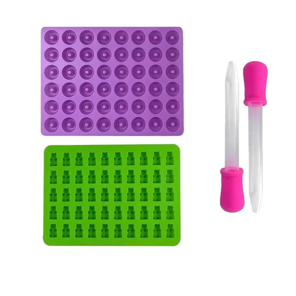 Gummy Bear Molds Silicone Mini Chocolate Candy Mold for Kid with 2 Droppers Including Dinosaur Bear Hearts Donut Shape