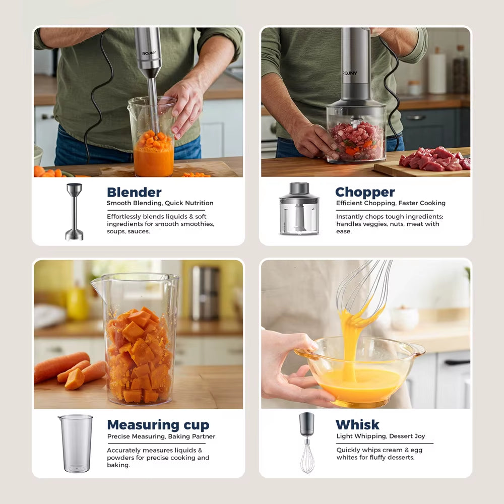 4-In-1 Hand Immersion Blender 1000W Powerful, Stainless Steel Stick Food Mixer,700Ml Mixing Beaker,500Ml Processor, Whisk