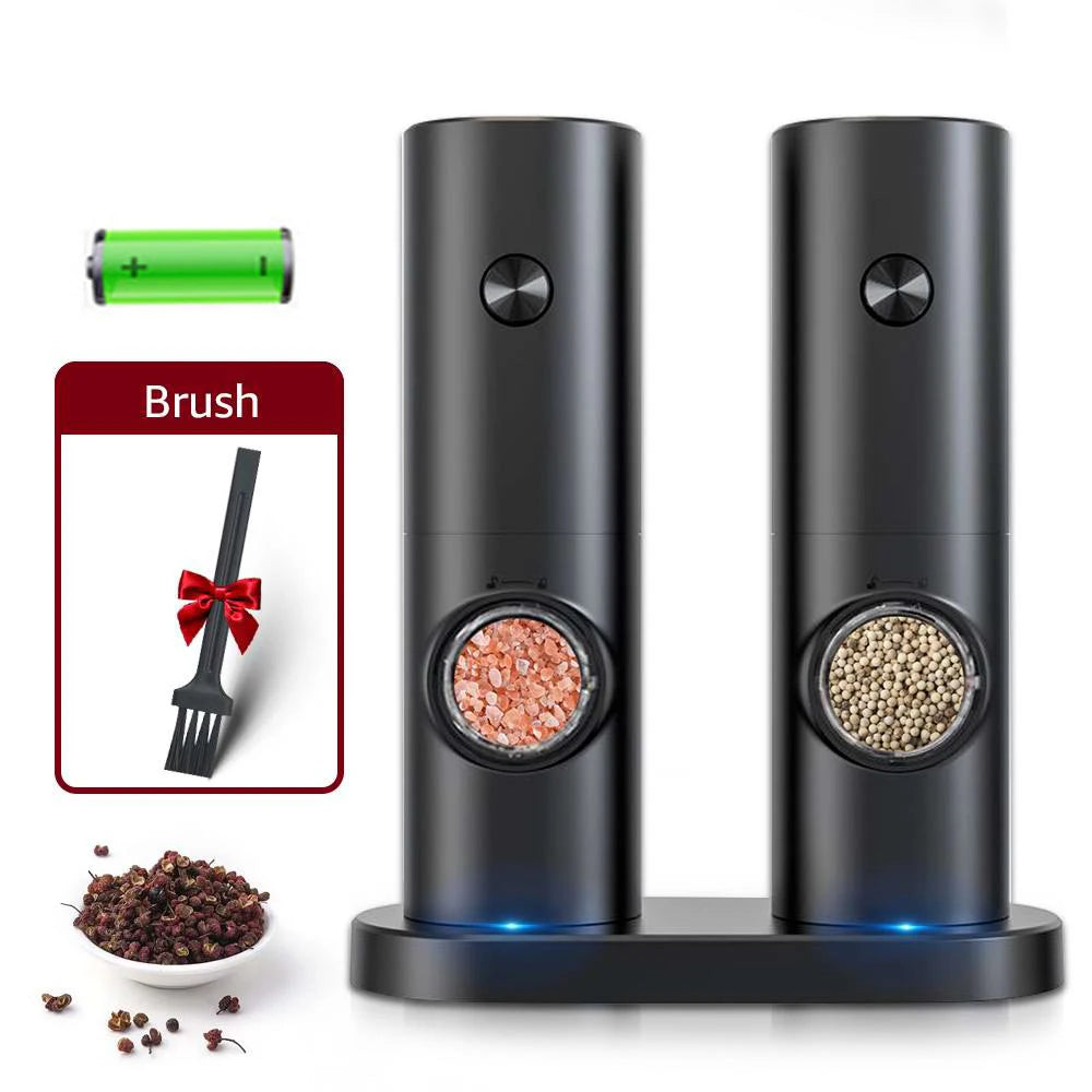 Electric Automatic Mill Pepper and Salt Grinder with Base Set Battery Powered with LED Light Adjustable Coarseness Kitchen Tool