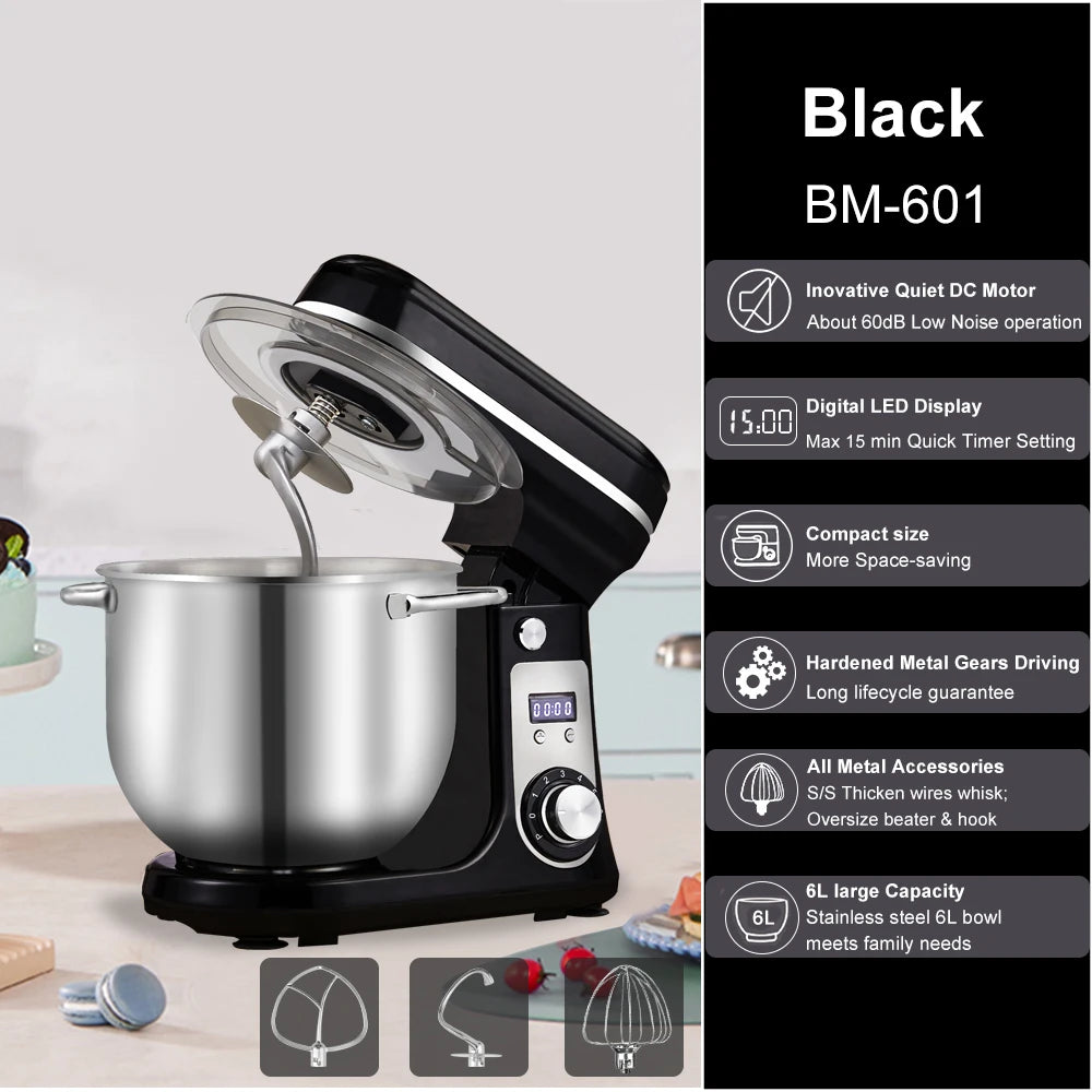 Kitchen Food Stand Mixer, Blender, Quiet Motor, Cream Egg Whisk, Whip Dough Kneader, 6-Speed, 1200 W, 6 L, DC