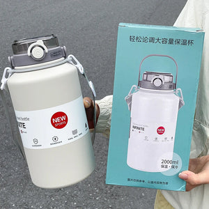 800Ml/2000Ml Large Capacity Stainless Steel Insulated Water Jug with Handle & Straw, Leakproof Vacuum Thermos Mug for Sports Out