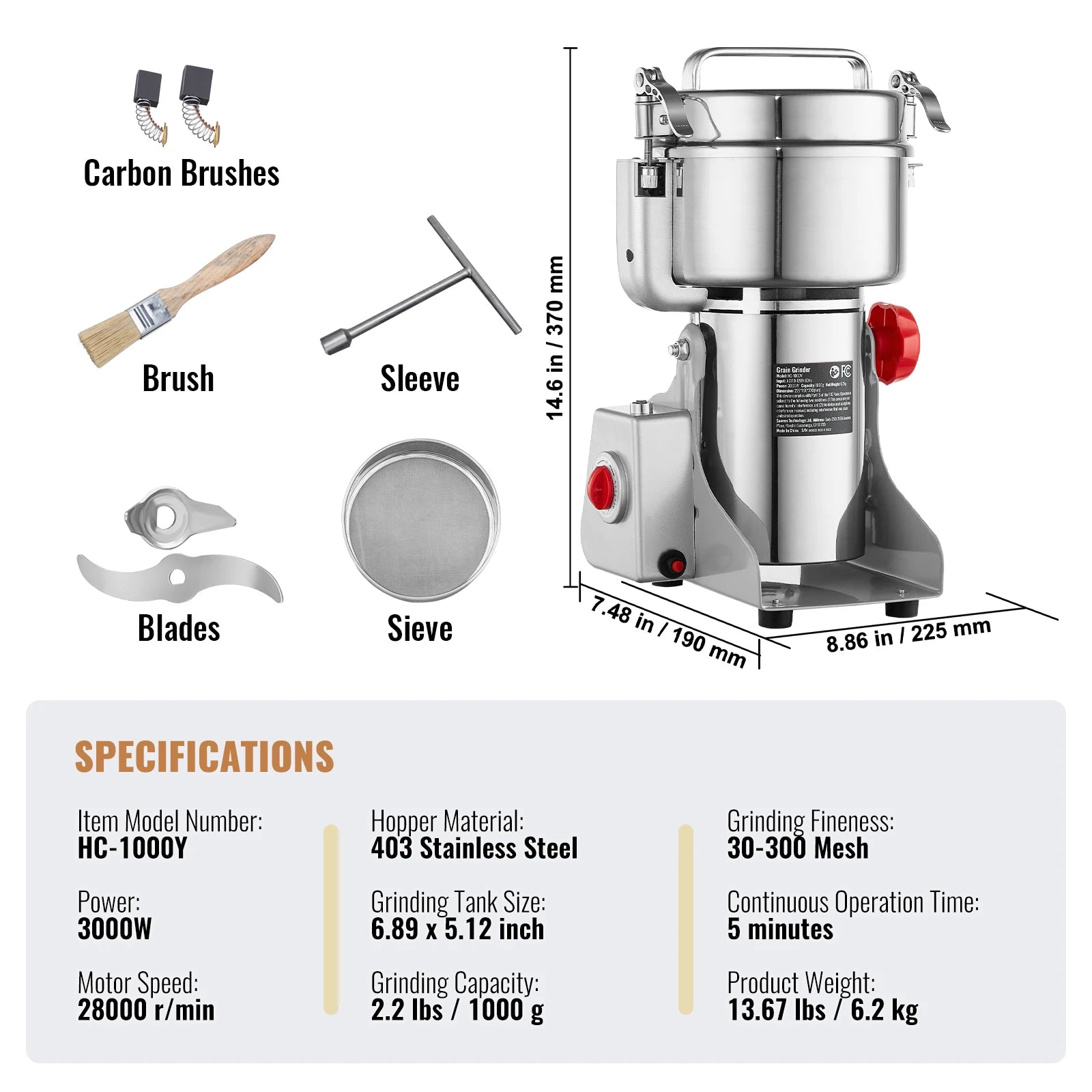 150-2500G Electric Grain Mill Grinder Commercial Swing Spice Grinders for Dry Herbs Grains Spices Cereals Coffee Corn