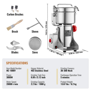 150-2500G Electric Grain Mill Grinder Commercial Swing Spice Grinders for Dry Herbs Grains Spices Cereals Coffee Corn